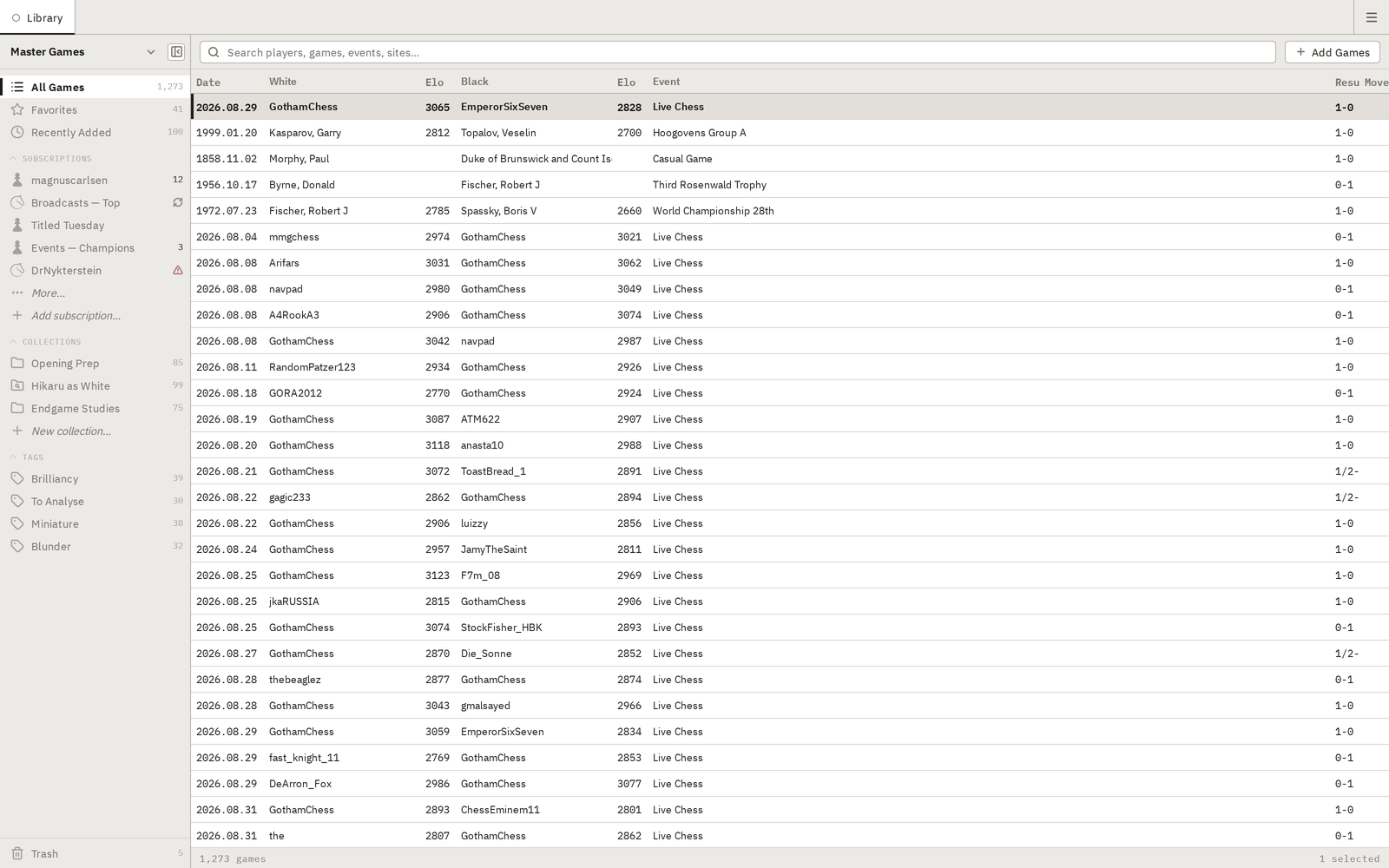 The Library workspace: sidebar of collections, tags and subscriptions at the left, a search field and a table of games at the right.